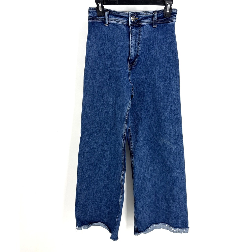 Zara Jeans Womens 6 Blue Cotton Denim Baggy Wide-Leg Outdoor Raw‎ Hem Casual